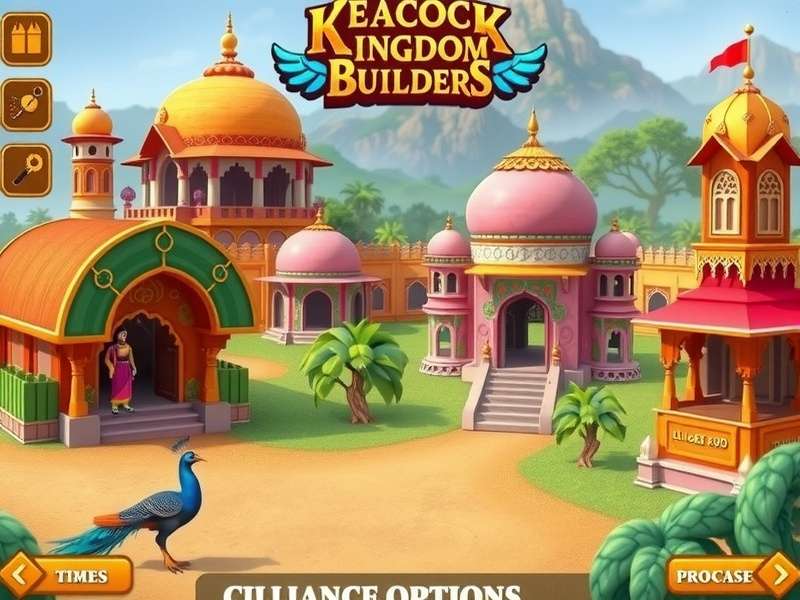 Peacock Kingdom Builders gameplay screenshot showing colorful Indian architecture